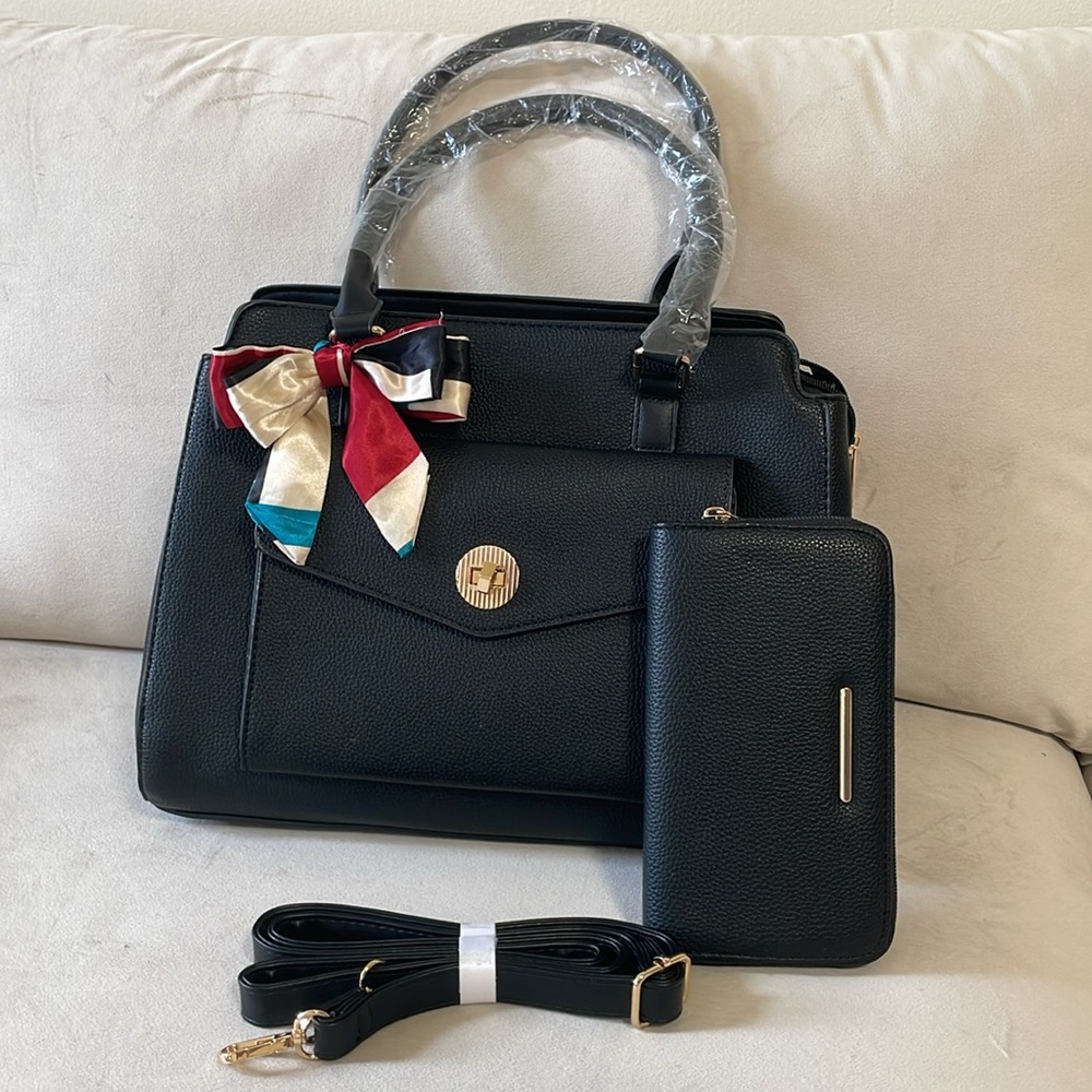 Black Convertible Satchel & Wallet with Pebble Faux Leather and Gold Hardware